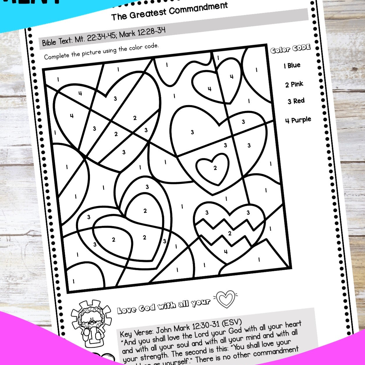 A color by code hearts worksheet on the greatst commandment, love God with all your heart